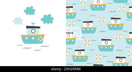 Carte de bateau mignon et motif sans couture. Fond enfantin avec des bateaux, vague, ceinture de vie et nuages. Illustration vectorielle. Illustration de Vecteur