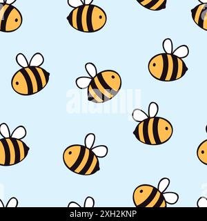 Joli motif d'abeille sans couture. Illustration vectorielle de dessin animé sur fond bleu. Illustration de Vecteur