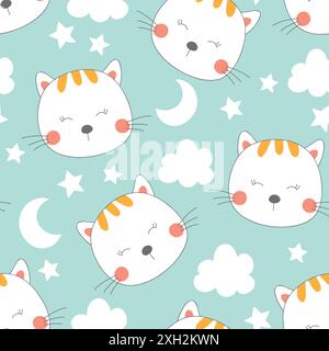 Motif chat mignon sans couture. Fond de bébé avec chats, lune, étoiles et nuages. Illustration vectorielle. Illustration de Vecteur