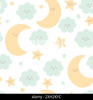 Motif sans couture avec lune, nuages et étoiles mignons. Lune endormie, texture bébé sur fond blanc. Illustration vectorielle. Illustration de Vecteur