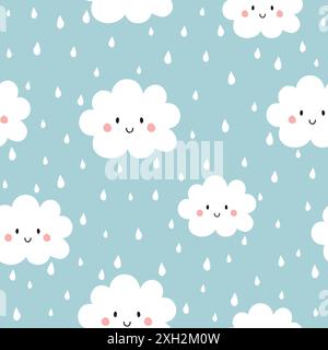 Motif sans couture avec nuages et pluie. Texture enfantine avec de mignons nuages et gouttes de pluie. Illustration vectorielle. Illustration de Vecteur