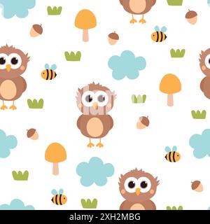 Chouette chouette. Modèle sans couture avec hiboux, abeilles, glands, nuages et champignons. Texture automnale enfantine mignonne. Illustration de Vecteur