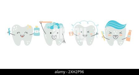 Illustration représentant des personnages dentaires de style kawaii souriant et tenant des articles d'hygiène dentaire. Illustration de Vecteur
