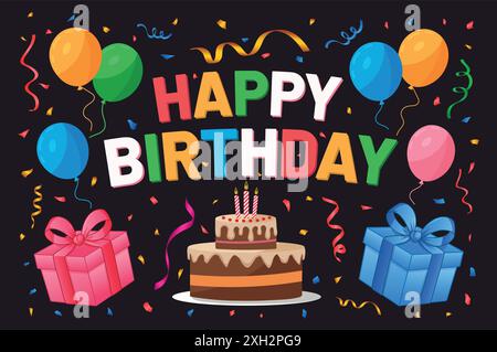 Affiche colorée de carte de voeux de typographie joyeux anniversaire avec ballons d'anniversaire, gâteau, boîte-cadeau et confettis Illustration de Vecteur