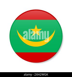 Mauritanie icône du bouton cercle. Drapeau de badge rond mauritanien avec ombre. Illustration réaliste 3D isolée sur blanc. Banque D'Images