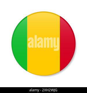 Icône de bouton cercle Mali. Drapeau d'insigne rond malien avec ombre. Illustration réaliste 3D isolée sur blanc. Banque D'Images