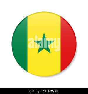 Icône du bouton cercle Sénégal. Drapeau d'insigne rond sénégalais avec ombre. Illustration réaliste 3D isolée sur blanc. Banque D'Images