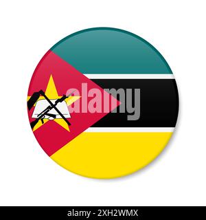 Icône du bouton cercle Mozambique. Drapeau d'insigne rond mozambicain avec ombre. Illustration réaliste 3D isolée sur blanc. Banque D'Images