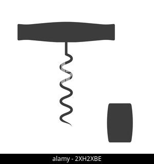 Tire-bouchon et silhouette noire en liège. Illustration plate isolée sur fond blanc. Banque D'Images