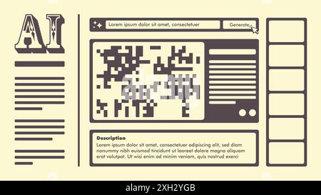 Interface de site Web ai générative de style rétro-futurisme. Maquette d'interface utilisateur d'application de bureau d'intelligence artificielle vintage. Modèle d'illustration vectorielle Illustration de Vecteur