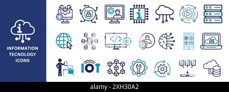 Jeu d'icônes des technologies de l'information. sécurité réseau, cloud computing, big data, analyse de données, internet, blockchain, icônes, illustration vectorielle. Illustration de Vecteur