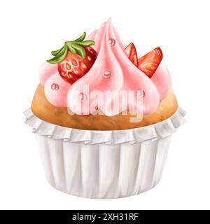 Cupcake décoré de crème fouettée, de fraises et de saupoudres. Muffin aux baies avec garniture. Gâteaux faits maison pour des vacances en famille, délicieux dessert Banque D'Images