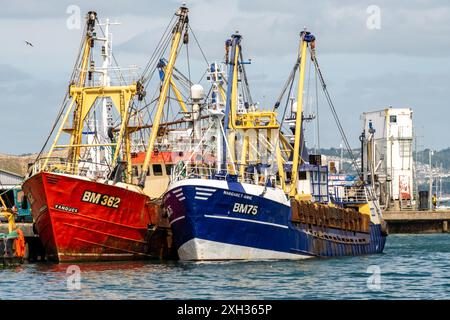 Gros plan de deux chalutiers de pêche hauturière amarrés dans le port de Brixham Banque D'Images