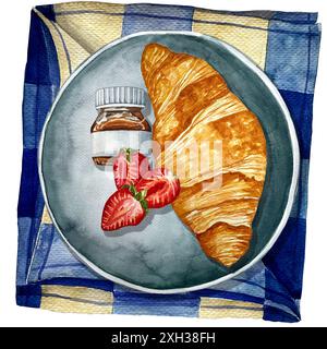 Nourriture ensemble petit déjeuner. Assiette avec croissant, fraise, beurre de noix. Illustration de repas mornimg vue de dessus. Illustration aquarelle. Banque D'Images