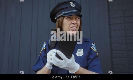 Une policière d'âge moyen en uniforme examine un smartphone à l'extérieur contre un mur sombre Banque D'Images