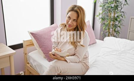 Une jeune femme contemplative est assise sur son lit écrivant dans un cahier, entourée d'un intérieur de chambre confortable. Banque D'Images