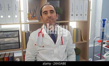 Homme chauve hispanique d'âge moyen dans une clinique portant un manteau blanc et un stéthoscope rouge. Banque D'Images