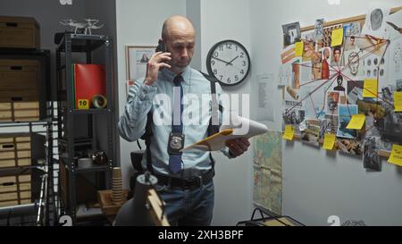 L'homme détective chauve examine les preuves dans un bureau avec un panneau de liège, une carte, une horloge et des documents tout en parlant au téléphone. Banque D'Images