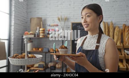 Jeune femme chinoise dans une boulangerie tenant une assiette avec un muffin, entourée de pain et d'autres produits de boulangerie, avec un intérieur lumineux avec des étagères et Banque D'Images