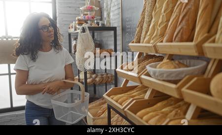 Femme magasinant dans une boulangerie remplie de différents types de pain affichés sur des étagères en bois Banque D'Images