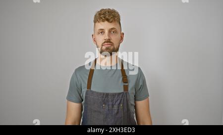 Portrait d'un beau jeune homme caucasien barbu avec les yeux bleus dans un tablier en denim sur un fond blanc. Banque D'Images