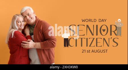 Bannière pour la Journée mondiale des seniors avec couple mature heureux Banque D'Images
