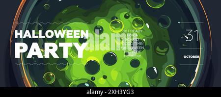 Bonne bannière horizontale de fête d'Halloween. Dessin de potion verte infusée dans l'affiche de fond de chaudron. Couverture d'art Horror Night Celebration. Illustration promotionnelle de l'événement des fêtes d'octobre 31. Imprimer des trucs ou des traitements Illustration de Vecteur