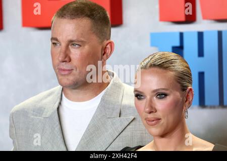Madrid, Espagne. 11 juillet 2024. Madrid Espagne ; 07/11/2024.- Scarlett Johansson et Channing Tatum présentent 'Fly me to the Moon' lors d'un appel photo à Matadero de Madrid. L'astronaute espagnol Pedro Duque les accompagne. Crédit : Juan Carlos Rojas/dpa/Alamy Live News Banque D'Images