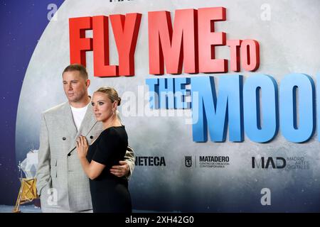 Madrid, Espagne. 11 juillet 2024. Madrid Espagne ; 07/11/2024.- Scarlett Johansson et Channing Tatum présentent 'Fly me to the Moon' lors d'un appel photo à Matadero de Madrid. L'astronaute espagnol Pedro Duque les accompagne. Crédit : Juan Carlos Rojas/dpa/Alamy Live News Banque D'Images