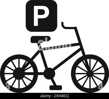 Simple icône noire et blanche représentant un vélo avec un panneau de stationnement, indiquant une zone de stationnement désignée pour les vélos Illustration de Vecteur