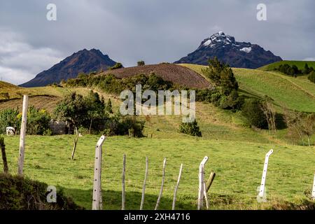 Paysage andin qui combine champs cultivés, forêt humide, montagnes et ciel bleu Banque D'Images