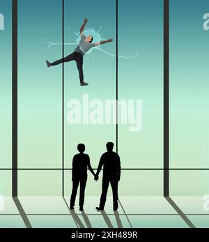 Un gars a une mauvaise journée et en quelque sorte brisé et cassé une vitre dans une fenêtre dans cette illustration en 3D. Banque D'Images