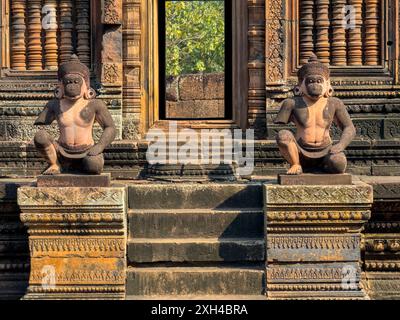 Banteay Srei Temple, un complexe de temple miniature construit entièrement en grès rouge dans la région d'Angkor, Cambodge. Banque D'Images