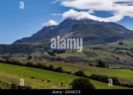 Volcan Ilinizas, paysage andin avec ses champs de culture et ses montagnes montrant leur verdure sur un matin clair, vue sud-est. Banque D'Images