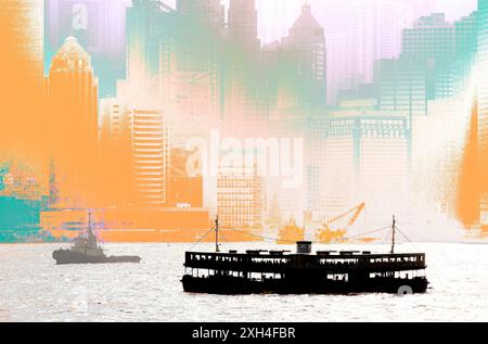 Port de Hong Kong, Chine. Le bateau à passagers Star Ferry et le remorqueur ont une silhouette orientée vers le sud vers le centre-ville de l'île de Hong Kong. Banque D'Images