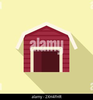 Bâtiment de grange en bois rouge debout sur la cour de ferme avec une longue ombre dans le style plat Illustration de Vecteur