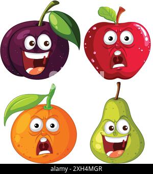 Quatre fruits aux expressions faciales humoristiques Illustration de Vecteur