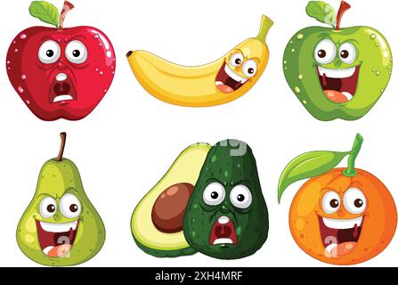 Six fruits aux expressions faciales humoristiques Illustration de Vecteur