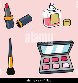 Un dessin de dessin animé d'un kit de maquillage avec un pinceau, rouge à lèvres et une bouteille de parfum. Le dessin est coloré et ludique, avec un fond rose clair Illustration de Vecteur