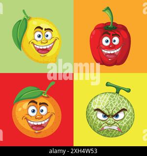 Visages colorés de dessins animés sur les fruits et légumes Illustration de Vecteur