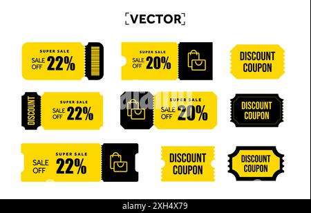 pack 3d de coupons en couleur jaune, icône d'achat, code à barres et forme, code coupon. Ensemble de coupons isolé sur fond blanc. Modèle de bon d'achat pour promotion spéciale. Illustration vectorielle 3D. Illustration vectorielle Illustration de Vecteur