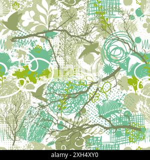 Modèle sans couture de branches et d'oiseaux d'été. dessin à la main. Pas vecteur IA Illustration de Vecteur