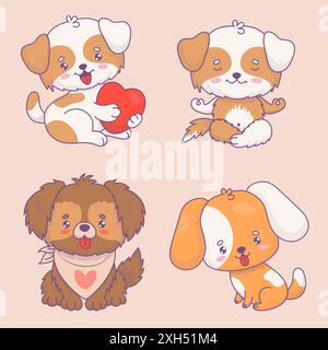 Collection de chiens mignons. Animal kawaii de dessin animé isolé. Médite drôle de yogi animal de compagnie, romantique avec le coeur, moelleux dans le bavoir, repéré avec la langue pendante un Illustration de Vecteur