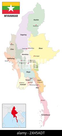 Carte vectorielle des 21 divisions administratives du Myanmar Banque D'Images