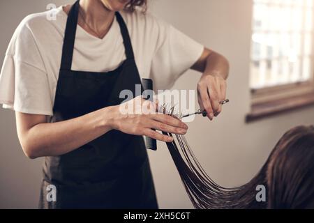 Ciseaux, coupe de cheveux et esthéticienne avec client dans le salon pour les pointes fourchues avec traitement d'hydratation. Beauté, service et coiffure styliste pour coiffure avec Banque D'Images