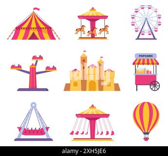 Icônes des parcs d'attractions. Tente de cirque de carnaval de vecteur, roue de ferris, montagnes russes, carrousel et stand de pop-corn, boîte de billets, ballon. Vecteur Illustration de Vecteur