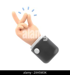 Cartoon Gesture Icon Mockup.Cartoon main avec des manches bleu foncé montrant un geste instantané avec un son or, un ton de peau clair, un rendu 3D sur fond blanc Banque D'Images