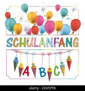 Schulanfang New Candy Cones bannière ballons texte allemand Schulanfang, traduire retour à l'école. Banque D'Images