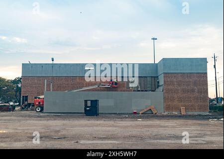 Houston, États-Unis. 11 juillet 2024. Exclusive Furniture à Houston, au Texas, a commencé les réparations du bâtiment le 11 juillet 2024. Le bâtiment a été laissé avec de graves dommages causés par l'ouragan Beryl le lundi 8 juillet 2024. (Photo de Jennifer Lake/Sipa USA) crédit : Sipa USA/Alamy Live News Banque D'Images