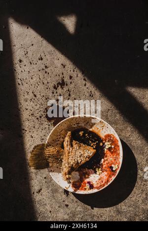 Gourmet fish dish with artistic sauce splatters in dramatic lighting. Stock Photo